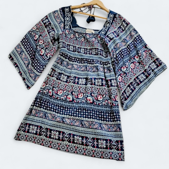 Flying Tomato Bohemian Smocked Dress Size Small Bell Sleeves Patterned Tassels - Picture 1 of 16